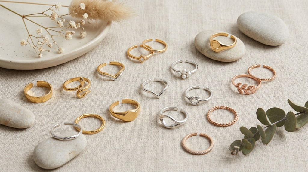 Flat lay composition of adjustable jewelry collection featur