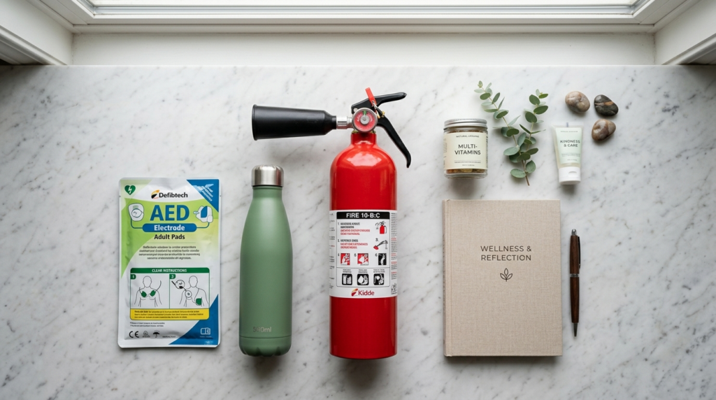 Flat lay composition of wellness and safety essentials arran