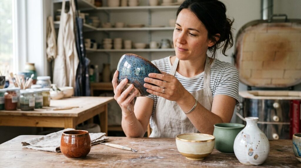 Hands of ceramicist examining finished glazed pottery pieces