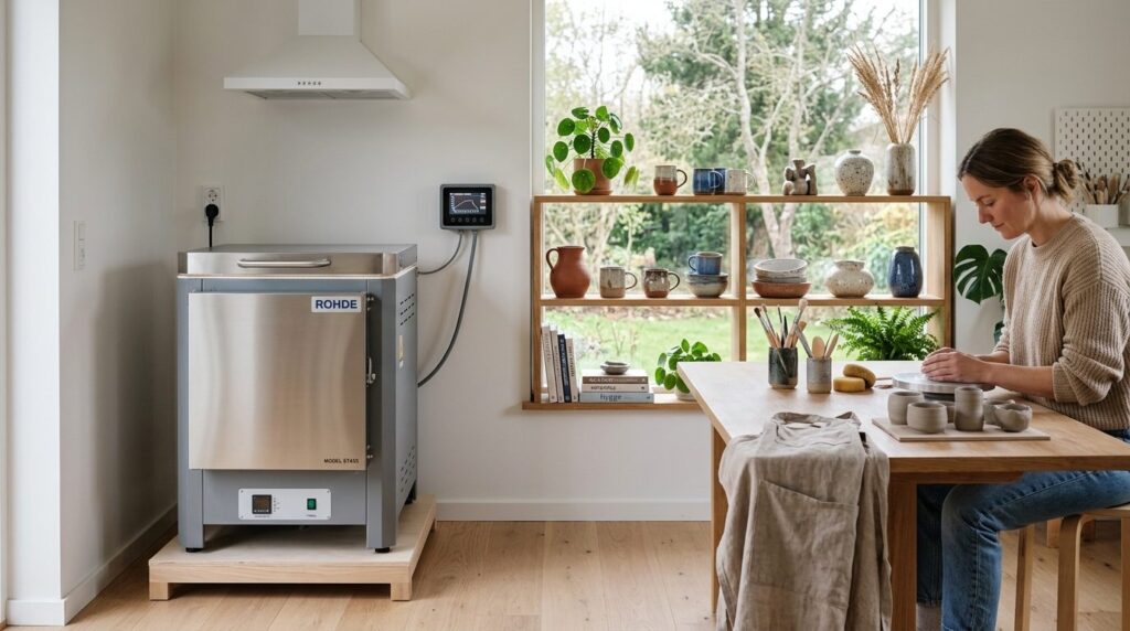 Modern home ceramic kiln in minimalist Scandinavian studio s