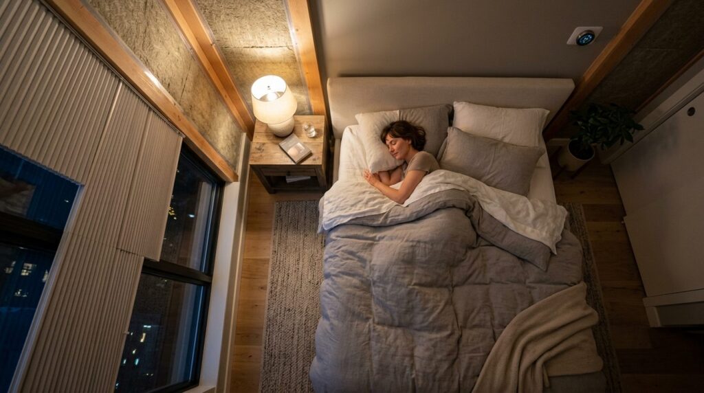 Photorealistic overhead view of a comfortable bed in a moder