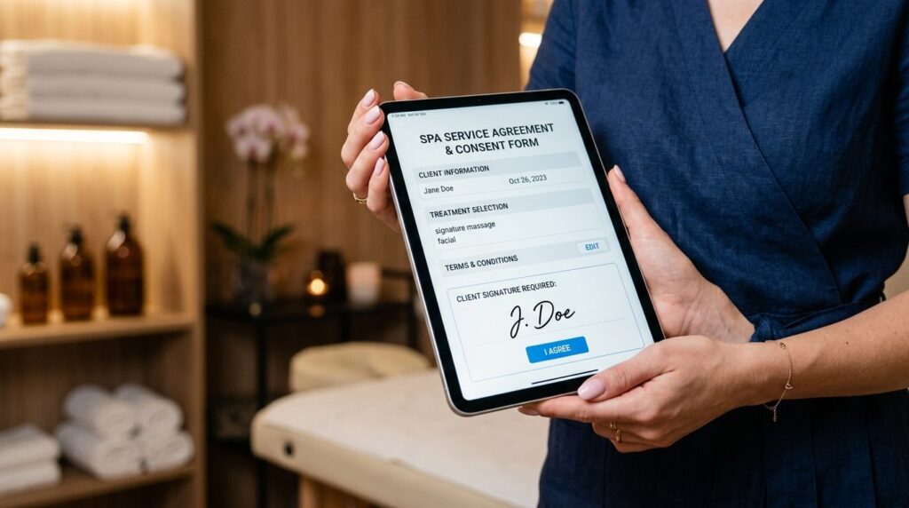 Close-up of female beauticians hands holding digital tablet