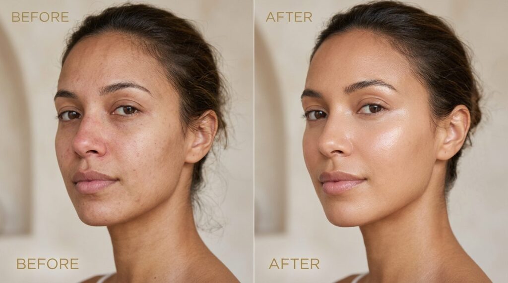 Before and after skincare results, split-screen showing woma