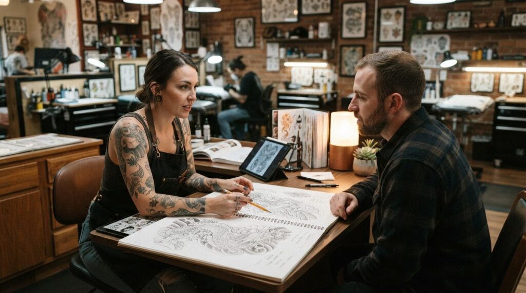 Client consultation at tattoo studio with artist showing des