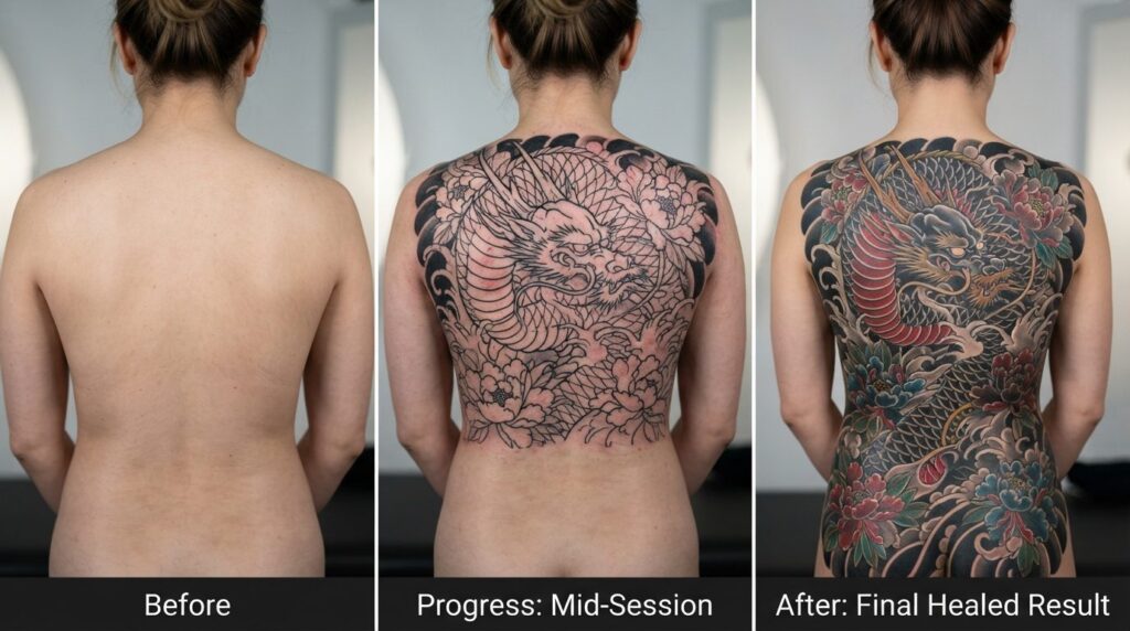 Progress comparison of a large back tattoo across multiple s