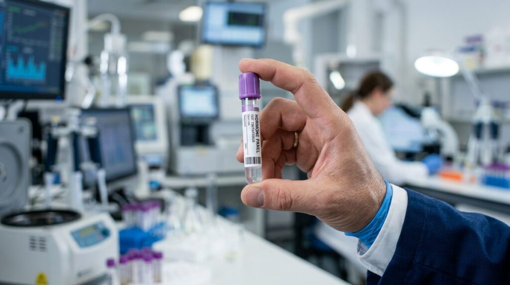 Close-up of a mans hand holding a modern blood test vial or