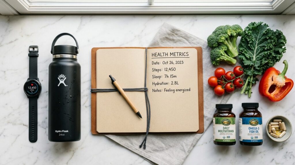 Overhead flat-lay composition of male wellness essentials in