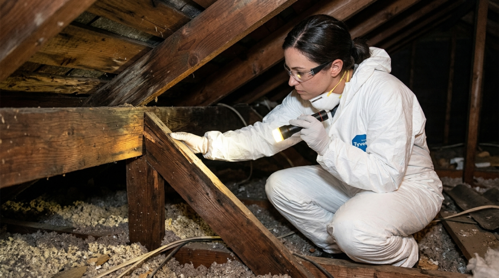 Close-up of a professional pest control technician in white 