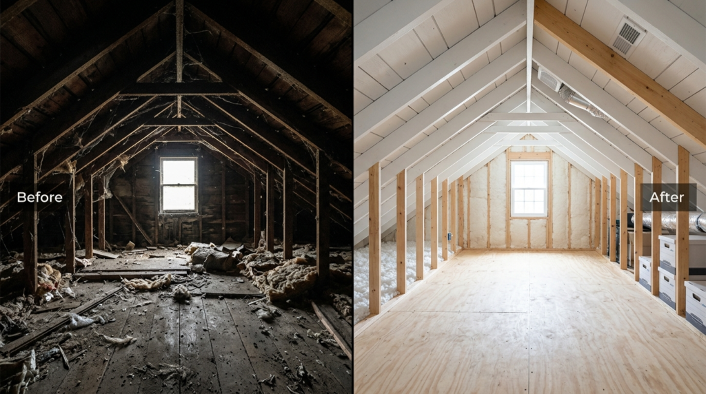 Split-screen comparison: left side shows a dark, dusty attic