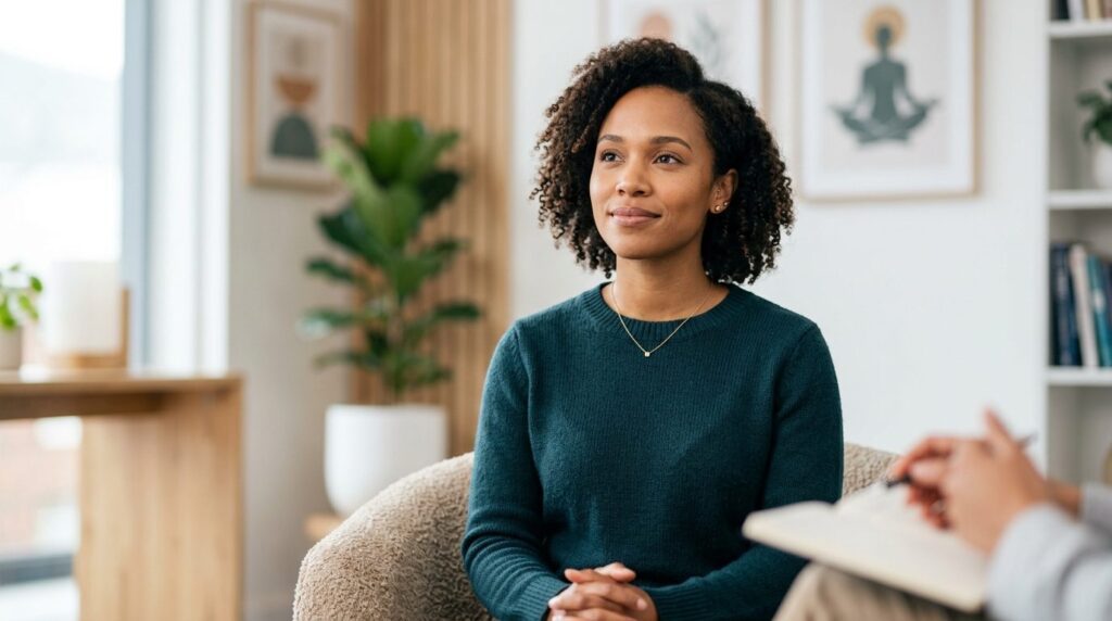 Close-up portrait of a confident woman with a calm, peaceful