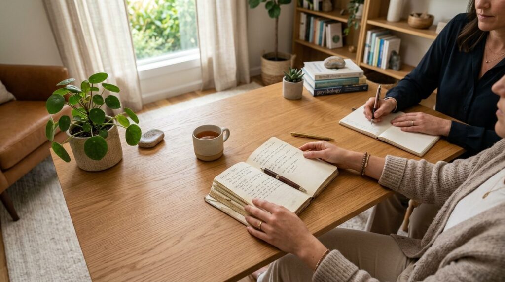 Overhead shot of a womans hands holding a journal while sit