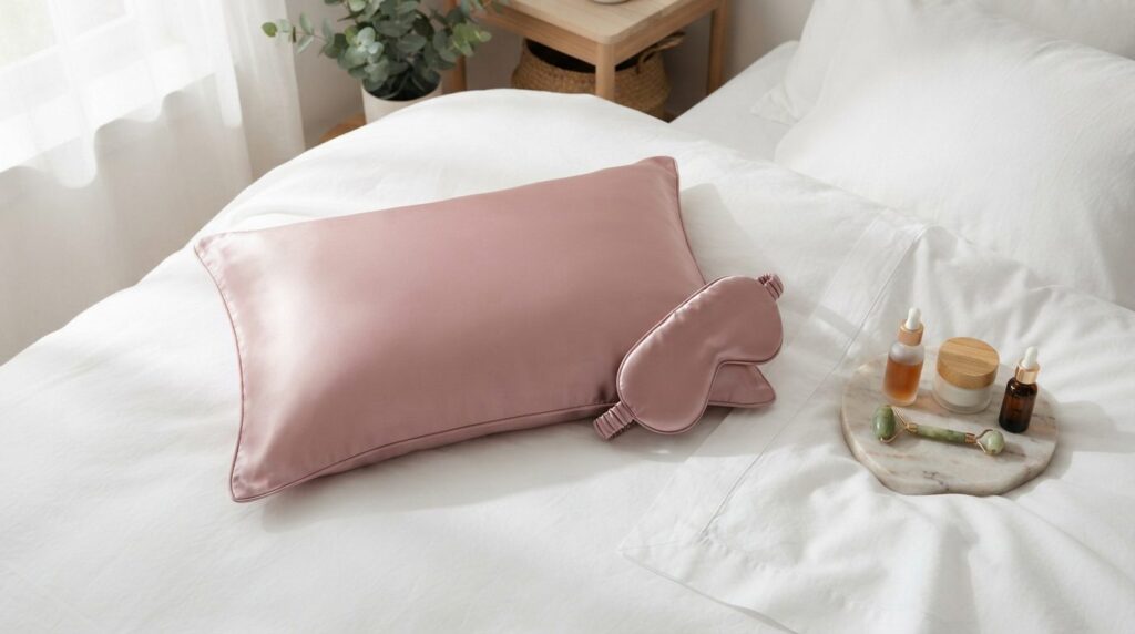 Overhead flat lay professional photograph of silk pillowcase