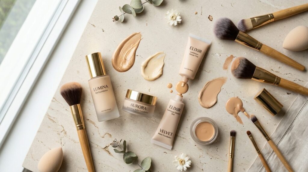 Overhead flat lay beauty shot of foundation products, makeup
