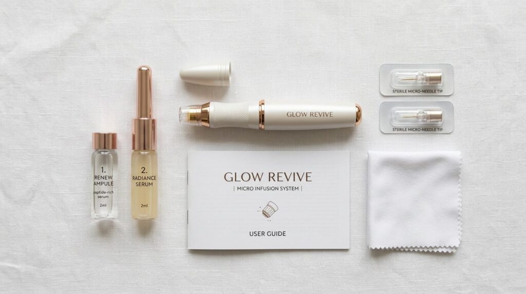 Flat lay of a luxury micro infusion home kit laid out neatly