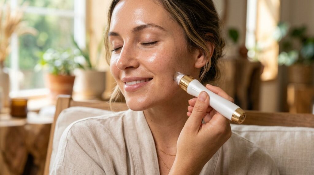 Close-up of womans glowing skin showing radiant complexion,