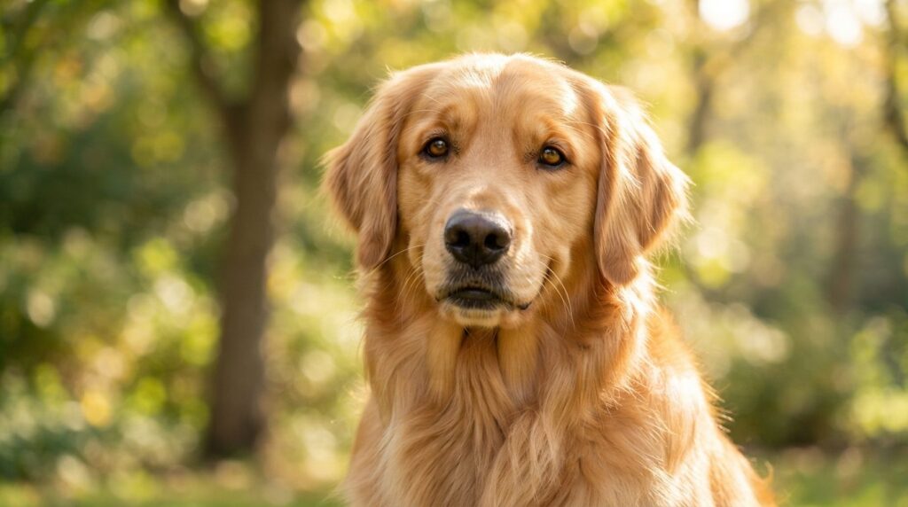 Close-up portrait of a healthy golden retriever with shiny, 