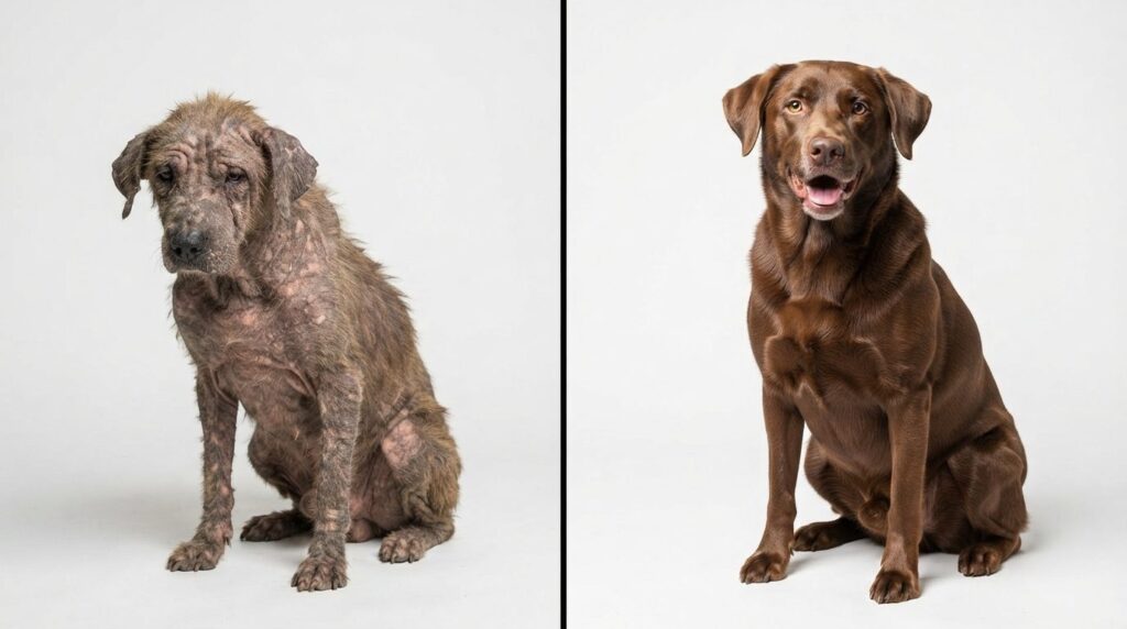 Before and after split-screen comparison style image showing