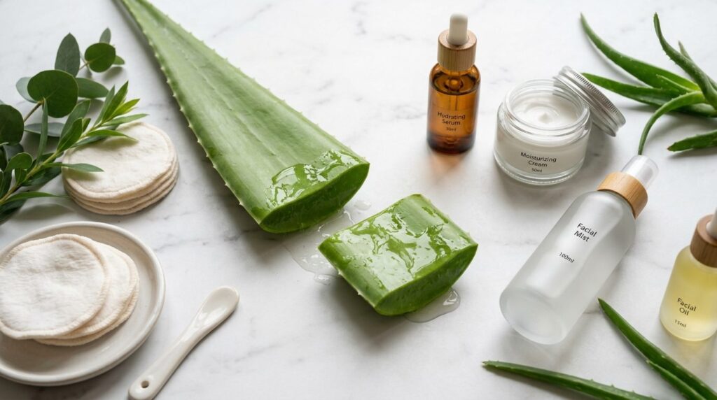 Flat lay composition of fresh aloe vera plant cut in half wi