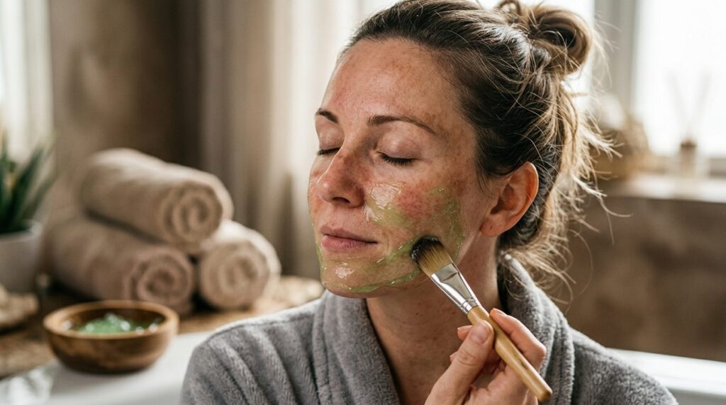 Close-up of womans face with visible sun damage and redness