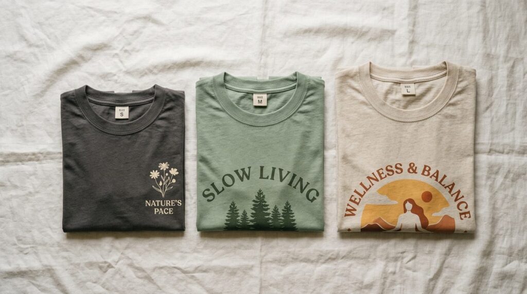 Flat lay overhead shot of three neatly folded printed t-shir