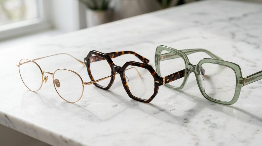 Close-up beauty shot of three different fashion eyeglass sty