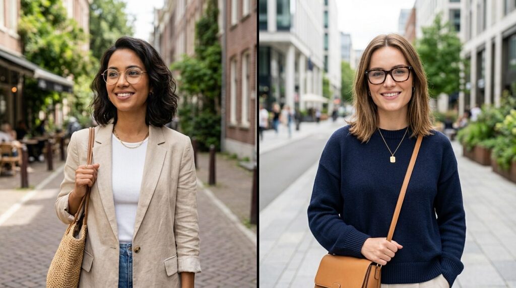 Split-screen lifestyle imagery: Left side shows a woman with