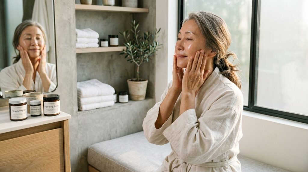 Beautiful mature woman practicing self-facial massage using 