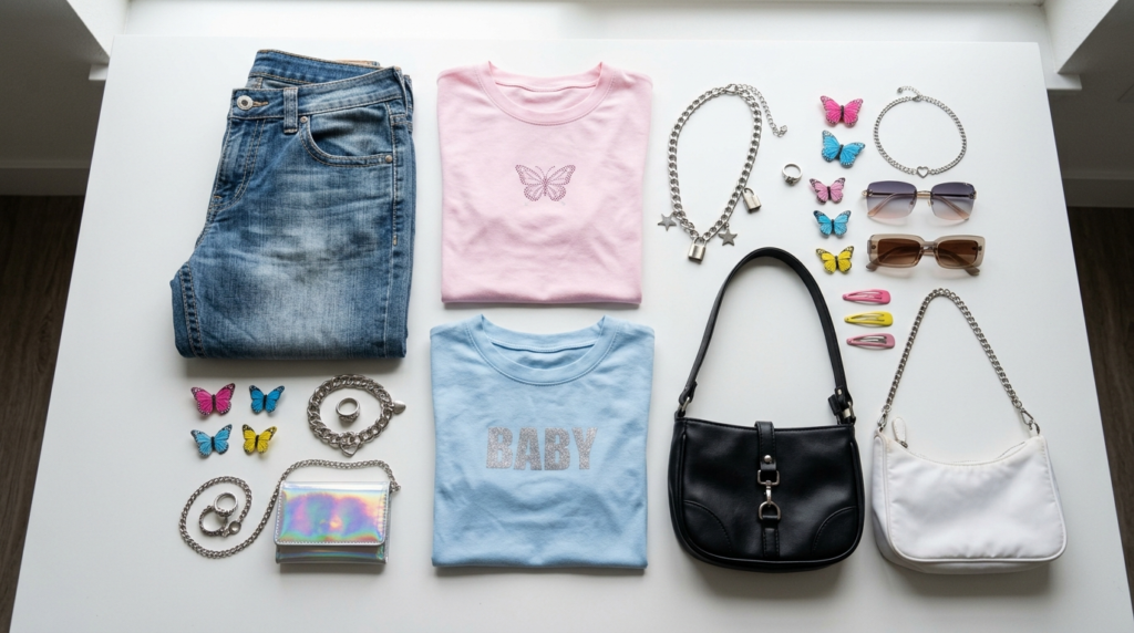 Overhead flat lay styling shot of curated Y2K fashion and ac